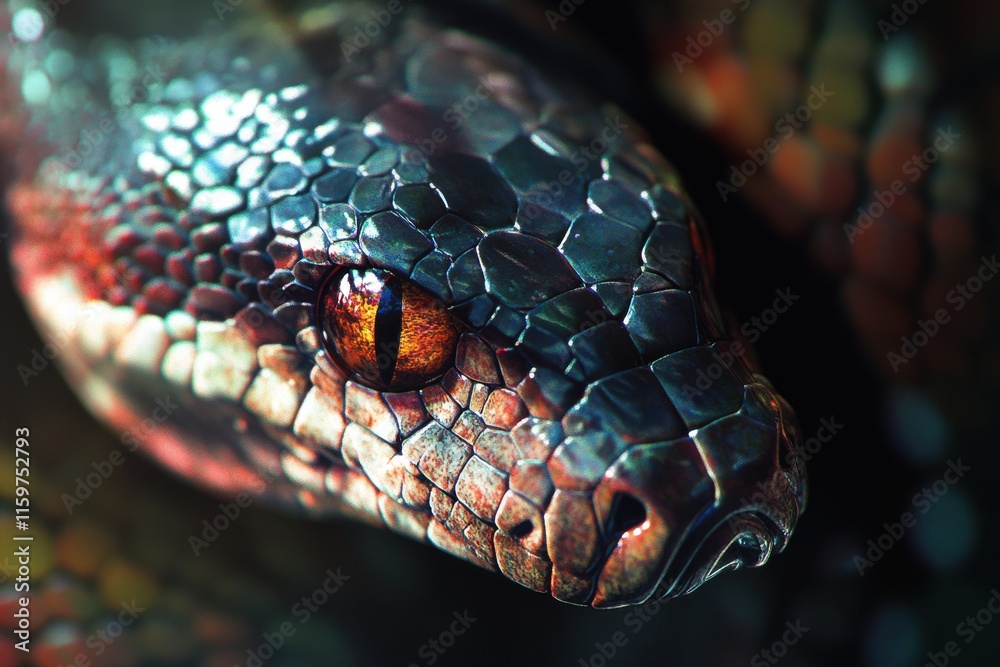 Fototapeta premium Detailed macro photo of pythons head intense lighting colors