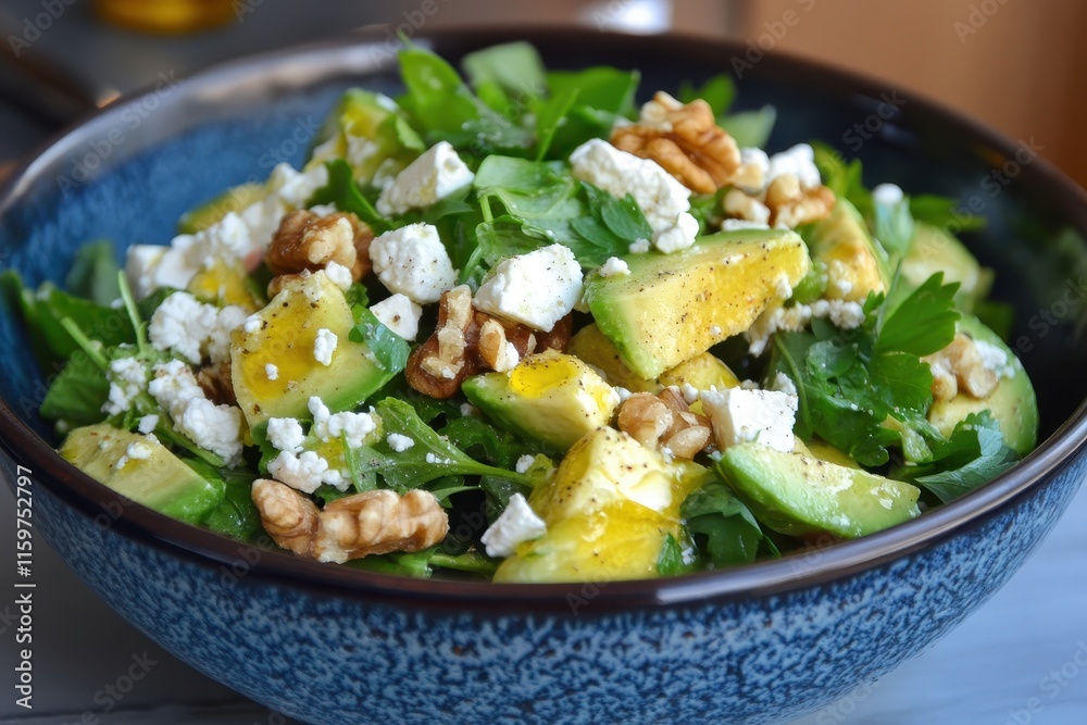 Vibrant spring salad with fresh greens avocado walnuts feta and olive oil in a blue bowl Vibrant spring salad with fresh greens avocado walnuts feta and olive oil in a blue bowl
