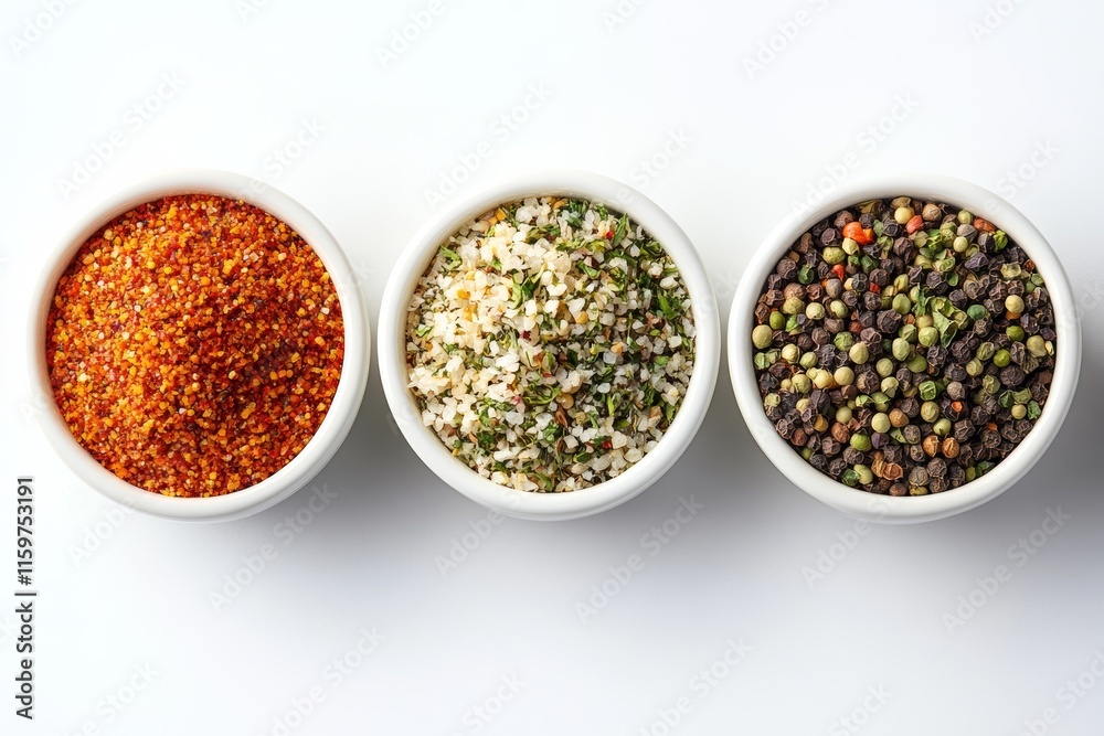 Three bowls of colorful spices and herbs arranged on a white background. Three bowls of colorful spices and herbs arranged on a white background.