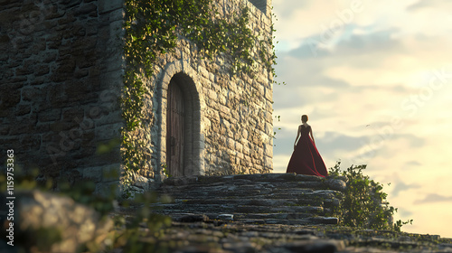 Princess in a tower, wistful gaze, distant kingdom, 3d illustration. Wistful. Illustration