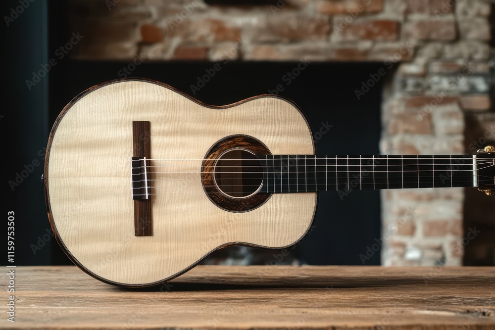 Fototapeta premium Wooden backdrop with acoustic guitar