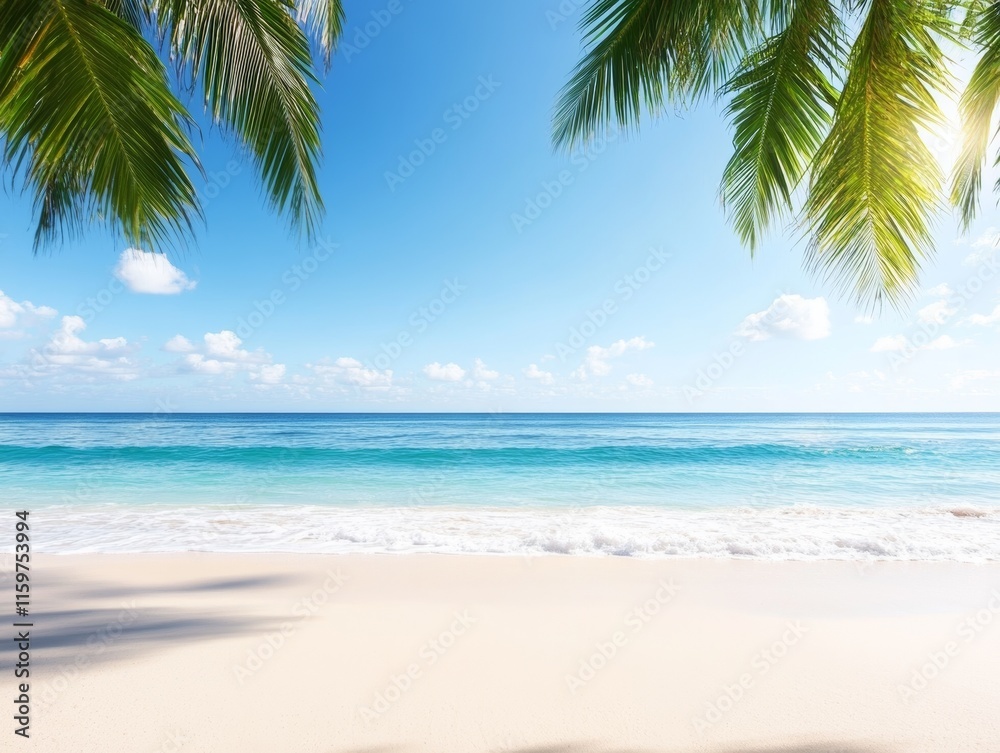 Tranquil beach scene with palm trees, clear blue sky, and gentle waves lapping at the shore. Tranquil beach scene with palm trees, clear blue sky, and gentle waves lapping at the shore.