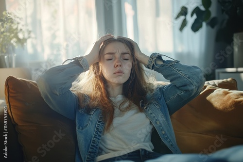 Young woman experiencing dizziness vertigo and headache at home Possible causes include migraine stress stroke BPPV Meniere s disease or brain tumor Health issue photo