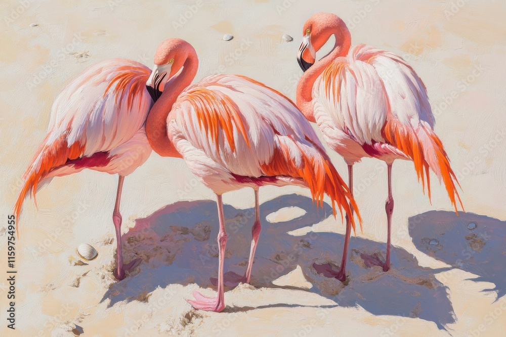 Flamingos preening on sandy beach under bright sunlight Flamingos preening on sandy beach under bright sunlight
