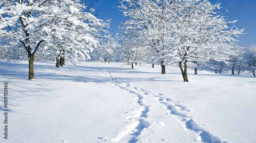 Obraz premium Snow-covered trees and footprints in a winter landscape under a clear blue sky.