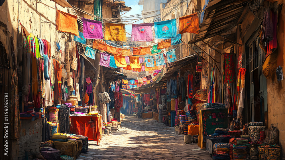 Fototapeta premium A street market set up in an alleyway, with colorful banners hanging between buildings, and vendors selling street food, clothes, and small trinkets, creating an intimate, vibrant scene. 