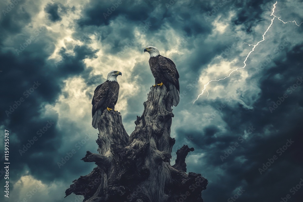 Bald eagles mirrored against stormy dramatic sky composition Bald eagles mirrored against stormy dramatic sky composition