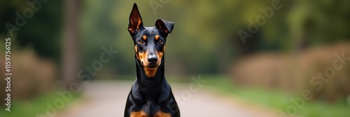 Stunning Manchester Terrier Portrait with Focused Gaze and Natural Outdoor Backdrop for Pet Lovers Dog Breed Enthusiasts and Graphic Design Projects needing a sharp and elegant canine image photo