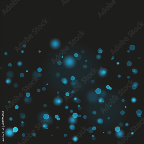 New Year card, design, congratulation. Blue spots, balls, lights on a black background. Bokeh effect
