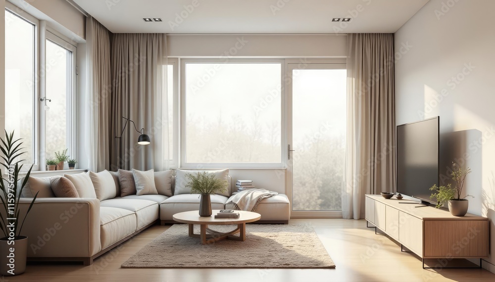 Fototapeta premium A modern living room features a large window with white curtains, a white sofa, a wooden coffee table, a flat-screen TV, and a wooden entertainment center.