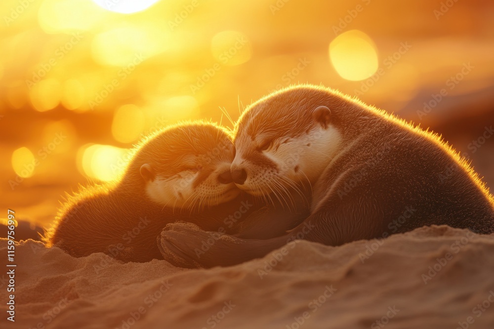 Otter pair at sunset beach sharing an affectionate moment Otter pair at sunset beach sharing an affectionate moment