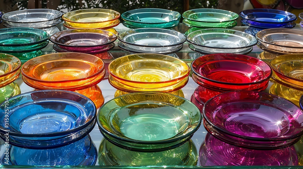 Colorful glass bowls displayed on a glass surface reflecting light. Colorful glass bowls displayed on a glass surface reflecting light.