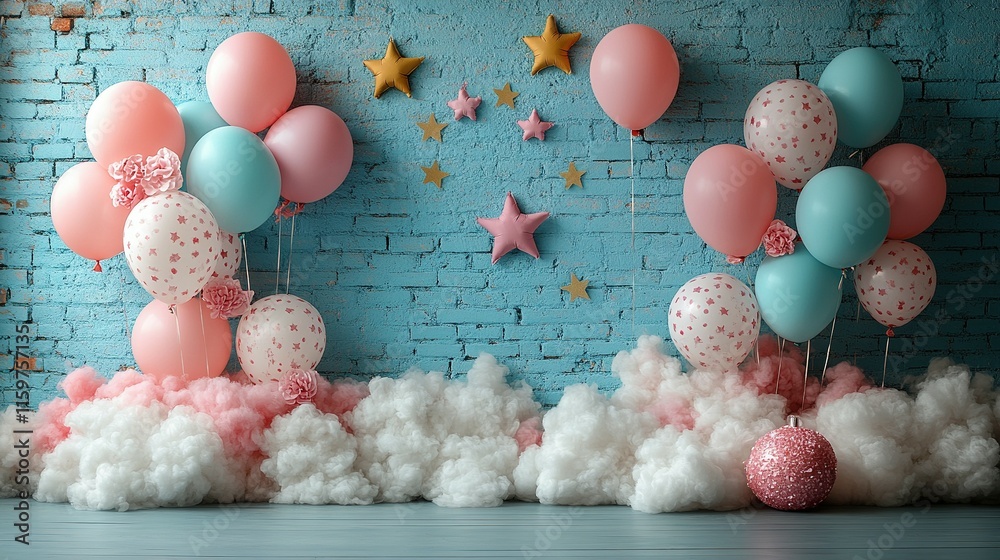 Pink and Blue Balloons Float Above Clouds Against Brick Wall Pink and Blue Balloons Float Above Clouds Against Brick Wall