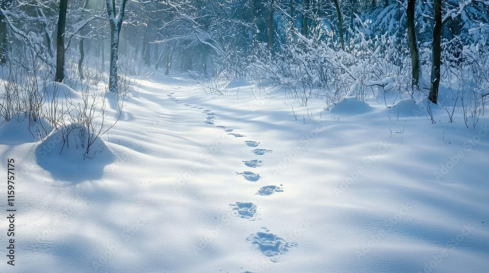 Obraz premium Sunlit snowy path through a winter forest with footprints.