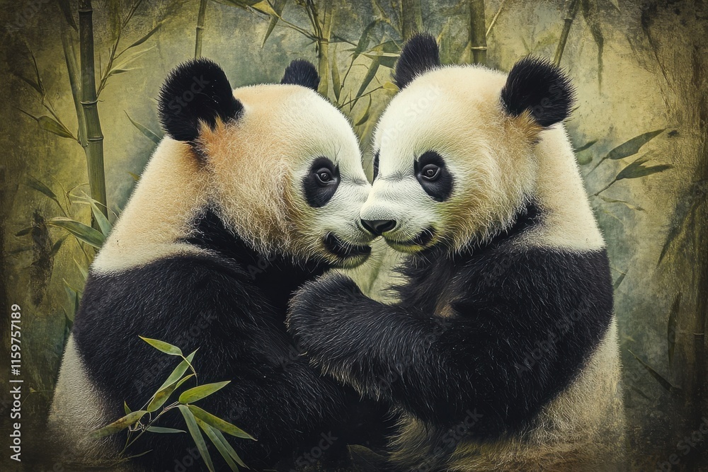 Obraz premium Adorable panda adult and cub interplay in bamboo forest