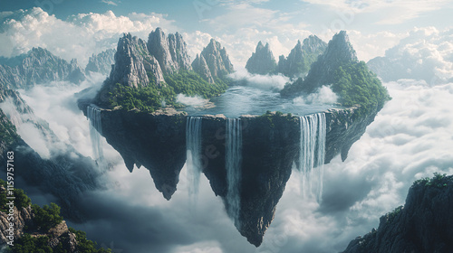 A surreal landscape where mountains float in the sky, connected by waterfalls, symbolizing the unbound creativity of the mind.  