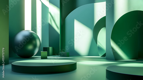 3d rendering of Green and black abstract geometric background. Scene for advertising, technology, showcase, banner, game, sport, cosmetic, business, metaverse. Sci-Fi Illustration. Product display


