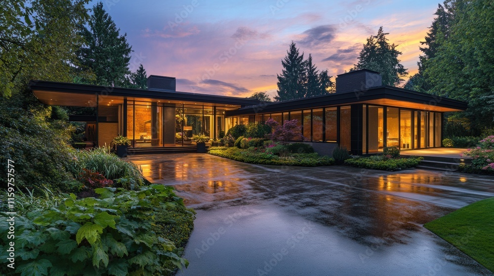 Luxury mansion illuminated at dusk surrounded by lush greenery in an elegant neighborhood. Generative AI Luxury mansion illuminated at dusk surrounded by lush greenery in an elegant neighborhood. Generative AI