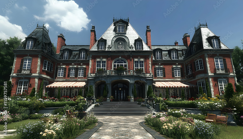 Obraz premium Majestic French-style mansion, grand entrance, lush gardens, sunny day. Ideal for real estate, luxury travel, or fairytale themes.