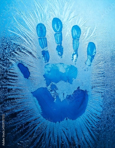 Handprint on frozen window, beatuful blue colors on ice photo