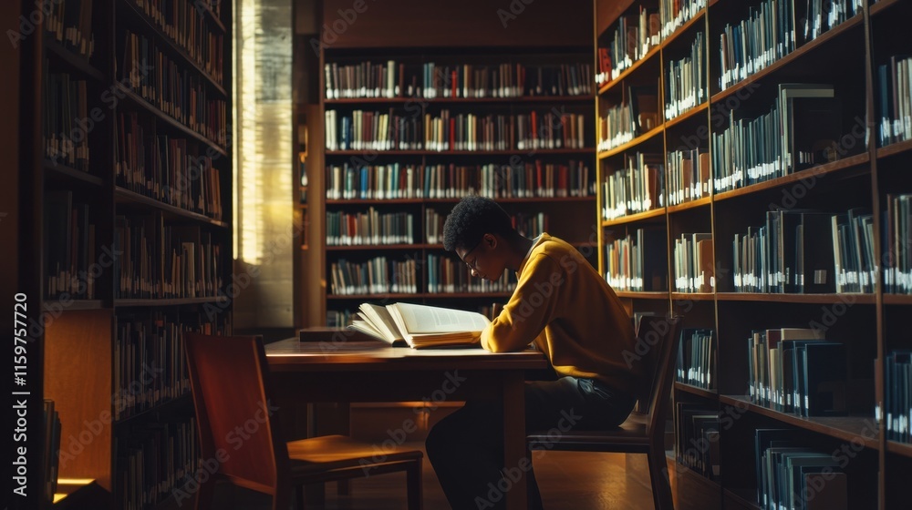A student studying in a quiet library. Featuring books and a wooden desk