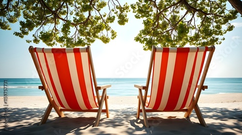 two empty orange and white striped beach chairs on a golden sandy beach photo