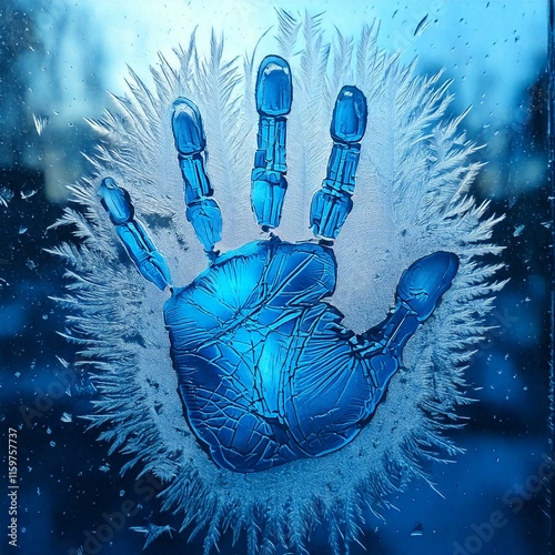 Handprint on frozen window, beatuful blue colors on ice photo