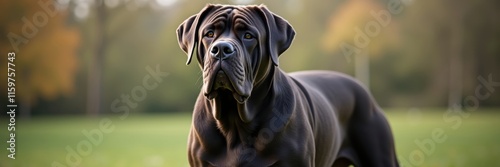 Majestic Neapolitan Mastiff portrait showcasing its wrinkled face and strong physique perfect for dog lovers breeders or use in pet related designs and promotional materials photo