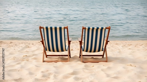 two empty blue and white striped beach chairs on a sandy beach, space for copy