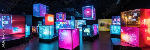 Floating cubes create an interactive display featuring multimedia symbols and abstract text in a modern exhibition space. Generative AI photo