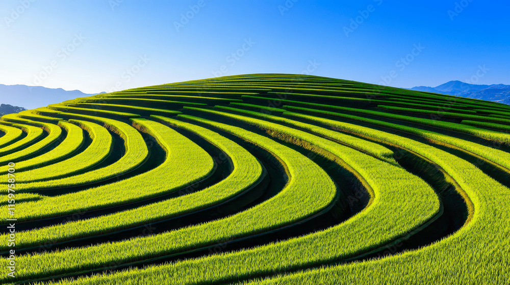 Aerial view of lush green terraced rice paddies glimmering under the clear blue sky, showcasing intricate farming patterns Aerial view of lush green terraced rice paddies glimmering under the clear blue sky, showcasing intricate farming patterns