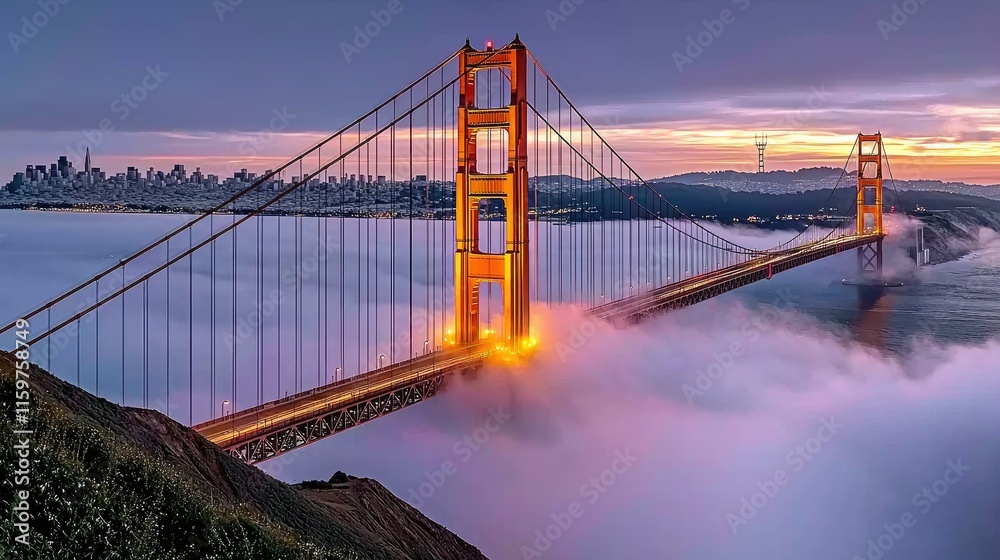 Fototapeta premium A stunning view of the Golden Gate Bridge emerging from fog during sunset.