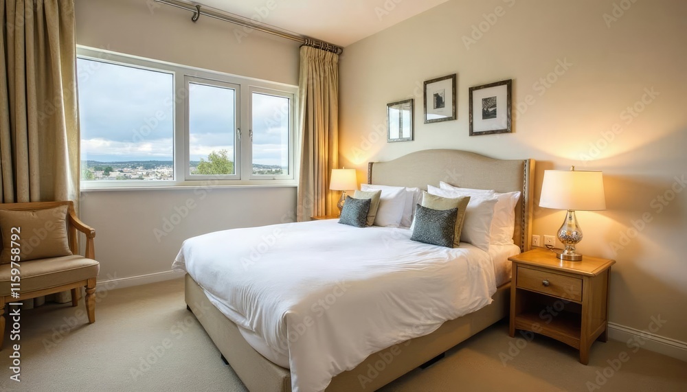 A serene bedroom features a large bed with white linens, a nightstand with a lamp, and a chair, with a view of a cityscape through a window. A serene bedroom features a large bed with white linens, a nightstand with a lamp, and a chair, with a view of a cityscape through a window.