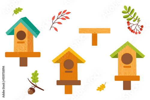 Colorful wooden birdhouses with leaves and natural elements around them