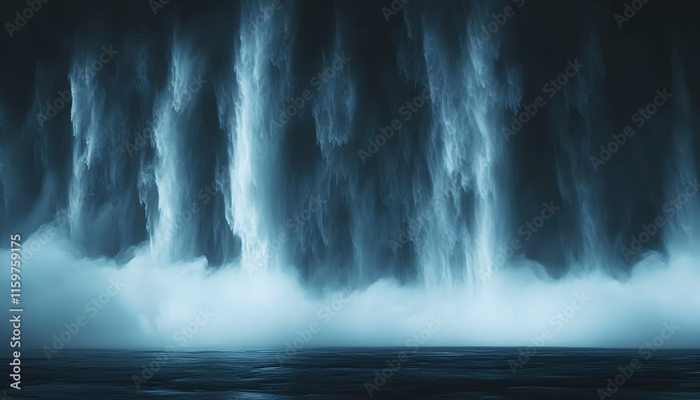 Dramatic misty waterfall cascading into a dark, still body of water. Perfect for nature, travel, or environmental projects. Dramatic misty waterfall cascading into a dark, still body of water. Perfect for nature, travel, or environmental projects.