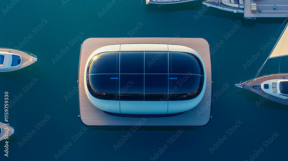 Fototapeta premium Futuristic floating structure on a serene marina surrounded by luxury yachts and boats in the evening light