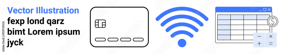 Credit card, wireless signal, and spreadsheet interface represent contactless payment, data transmission, and financial tracking. Ideal for finance, technology, online transactions, data management Credit card, wireless signal, and spreadsheet interface represent contactless payment, data transmission, and financial tracking. Ideal for finance, technology, online transactions, data management