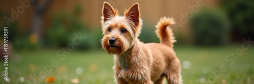 Charming Norwich Terrier puppy with a fluffy tail standing in a backyard garden a perfect image for pet lovers or digital art projects needing a cute canine subject photo