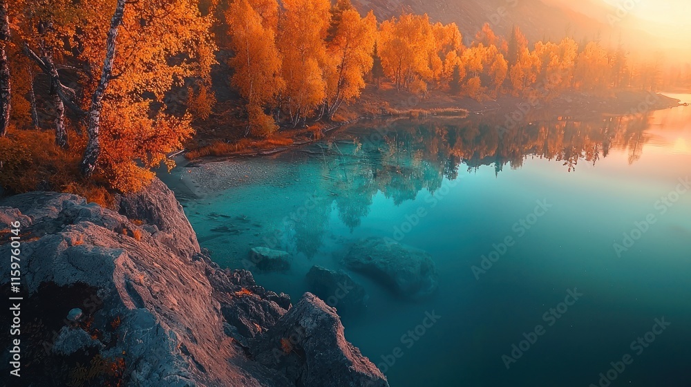 Naklejka premium Serene autumn lake reflecting fiery trees at sunrise.