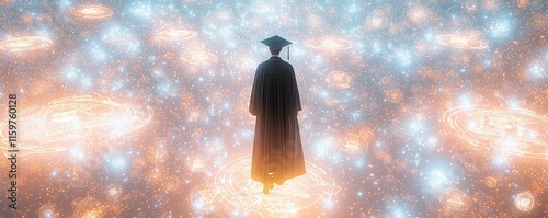 A silhouetted graduate stands amid a cosmic backdrop filled with colorful stars and lights, symbolizing achievement and new beginnings. photo