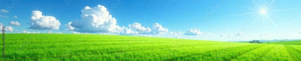 Serene landscape with vast green field under bright blue sky, countryside, green field, blue sky Serene landscape with vast green field under bright blue sky, countryside, green field, blue sky