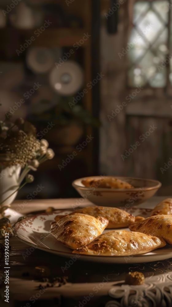 Obraz premium Rustic kitchen setting with golden brown pastries on a plate and a small bowl of sauce.
