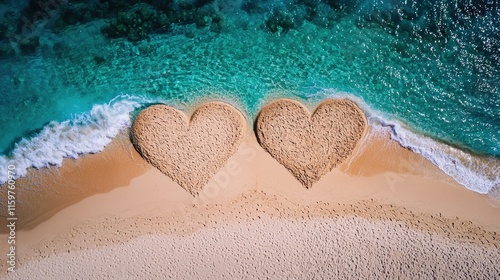 Two hearts drawn in the sand on a beach next to turquoise ocean waves. photo