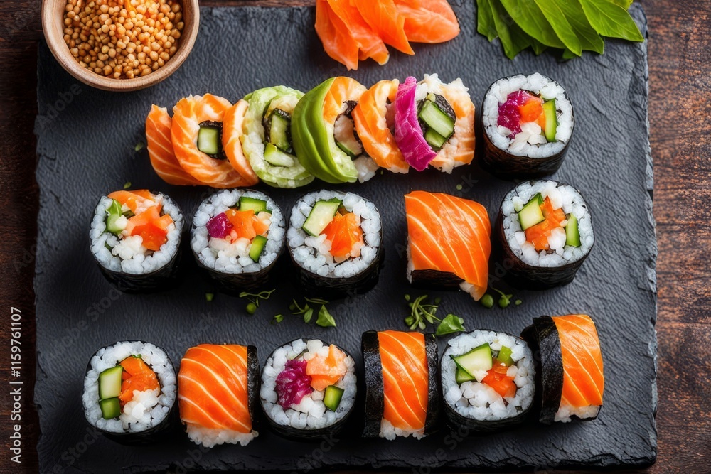 Gourmet sushi display featuring colorful rolls, sashimi, and garnishes. Ideal for food styling, restaurant advertising, and culinary articles, highlighting fresh ingredients and artistic presentation.