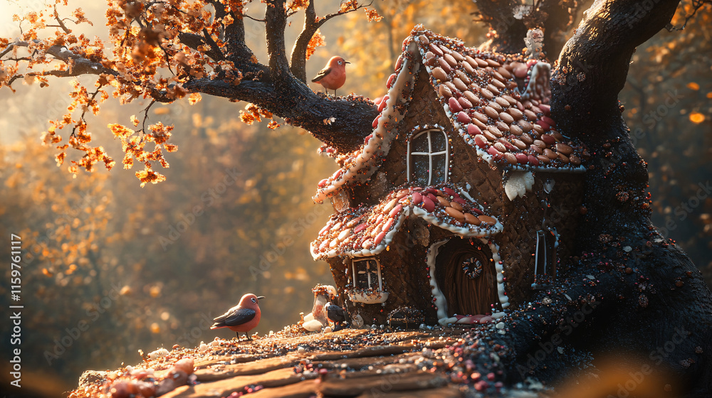 Obraz premium A whimsical scene of a tree fallen on a fairytale house made of gingerbread, with candy shingles cracked open and birds trying to help repair the roof. 
