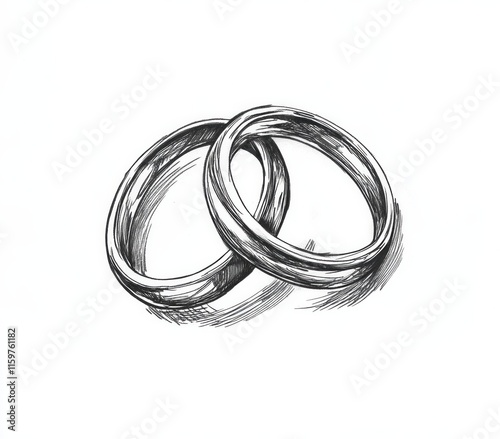 Classic black and white sketch of interlocking wedding rings on white background