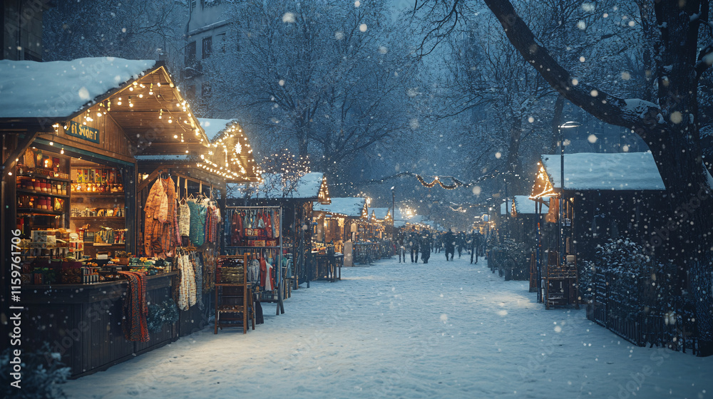 Fototapeta premium A winter street market, with stalls selling hot drinks, handmade scarves, and crafts, snow gently falling over the scene, creating a cozy holiday atmosphere. 