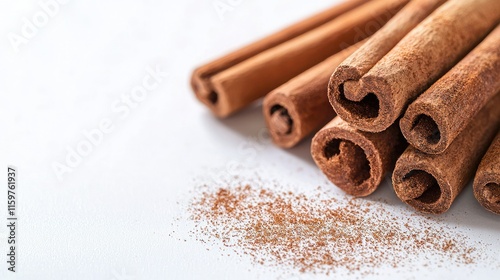 A close-up of cinnamon sticks with a sprinkle of ground cinnamon, highlighting their rich color and texture against a clean, white background. photo