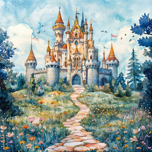 Majestic castle surrounded by vibrant flowers and lush greenery under a bright blue sky watercolor illustration