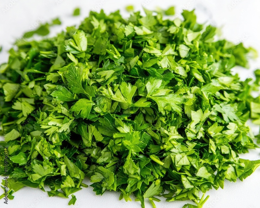 Freshly chopped cilantro piled on a white surface, showcasing its vibrant green color and fine texture, ideal for garnishing various dishes. Freshly chopped cilantro piled on a white surface, showcasing its vibrant green color and fine texture, ideal for garnishing various dishes.